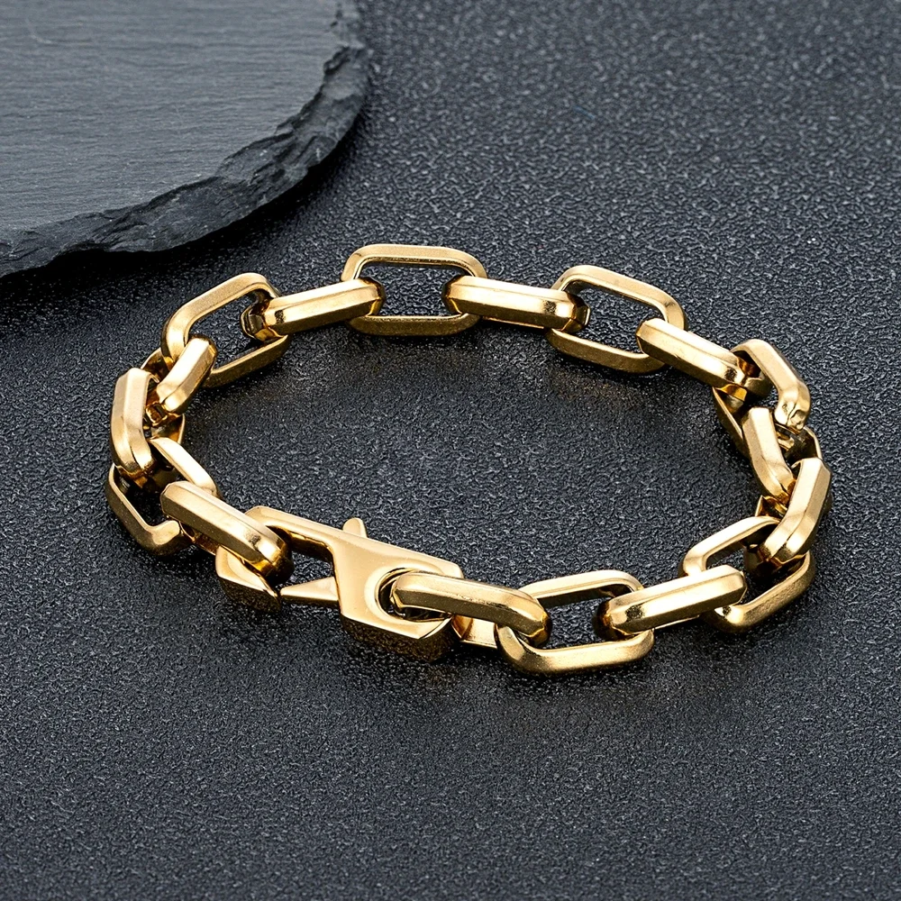 

Never Fade Stainless Steel Rectangle Chain Bracelet Men Women Vintage Locomotive Motorcycle Bracelets Black Gold Color Jewelry