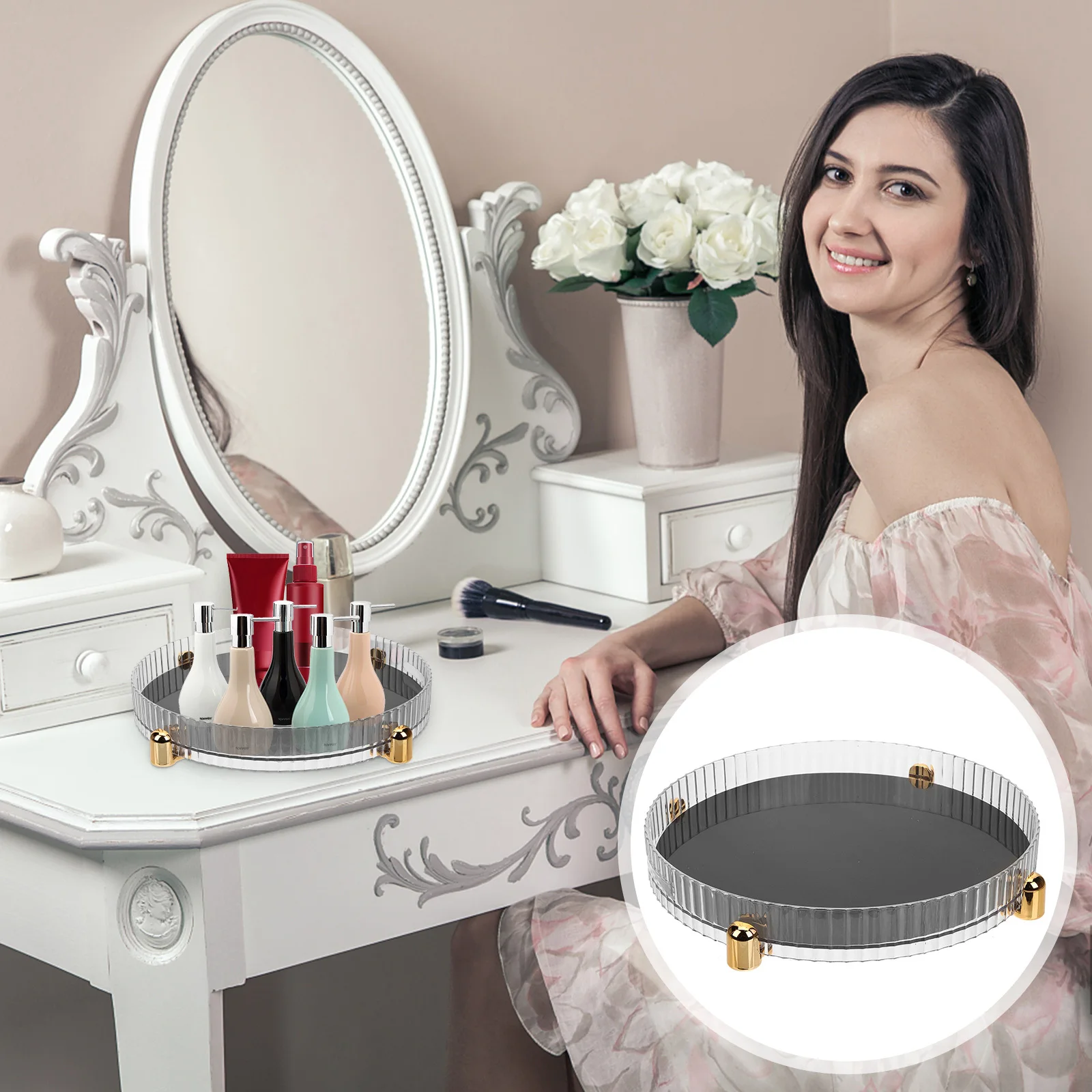 Round Rotating Turntable Organizer For Kitchen Spice Jars Bathroom Toiletries Desktop Storage Makeup Tray 360-Degree