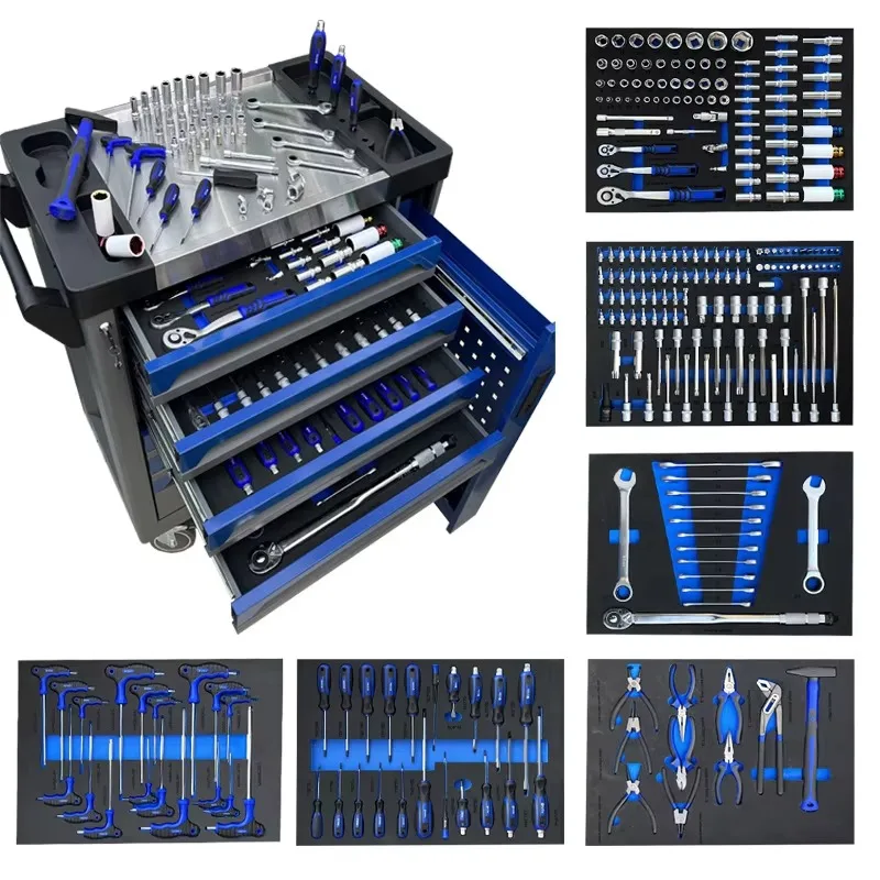 245-Piece carbon steel machine and car repair tool set with tool cart, suitable for home use