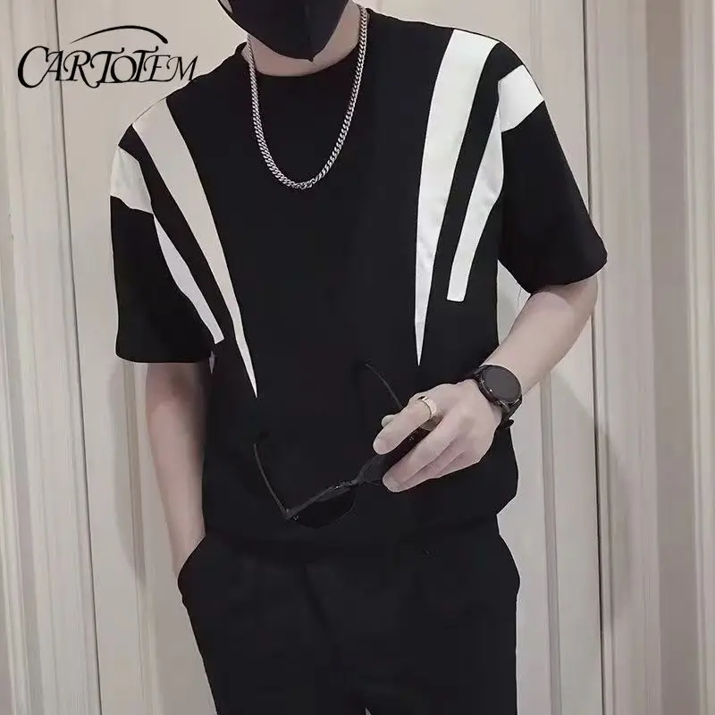 

Летняя футболка контрастного цвета с короткими рукавами, мужская корейская повседневная универсальная футболка с пятью точками рукава