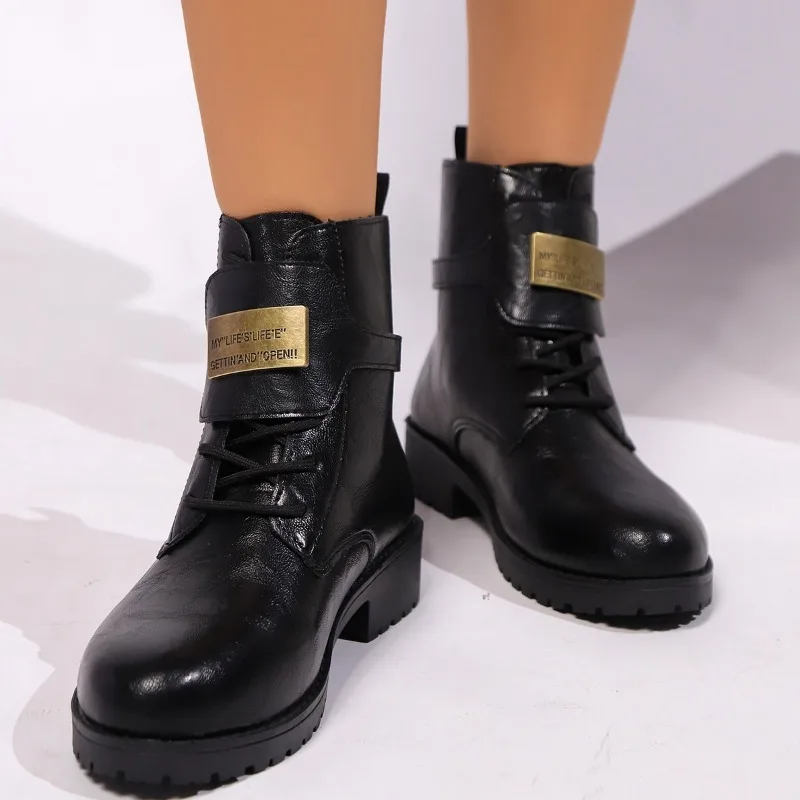 2024 Winter Casual Women's High Top Utdoor Roman Style Ankle-length Solid Color Fashion Boots Women's Lace-up Tactical Boots