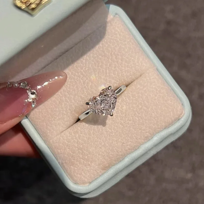 Xiaoyan 100% S925 Silver Ins Style Daily Versatile High Carbon Diamond 10 * 8mm Fat Heart Ring Women's Exquisite Jewelry