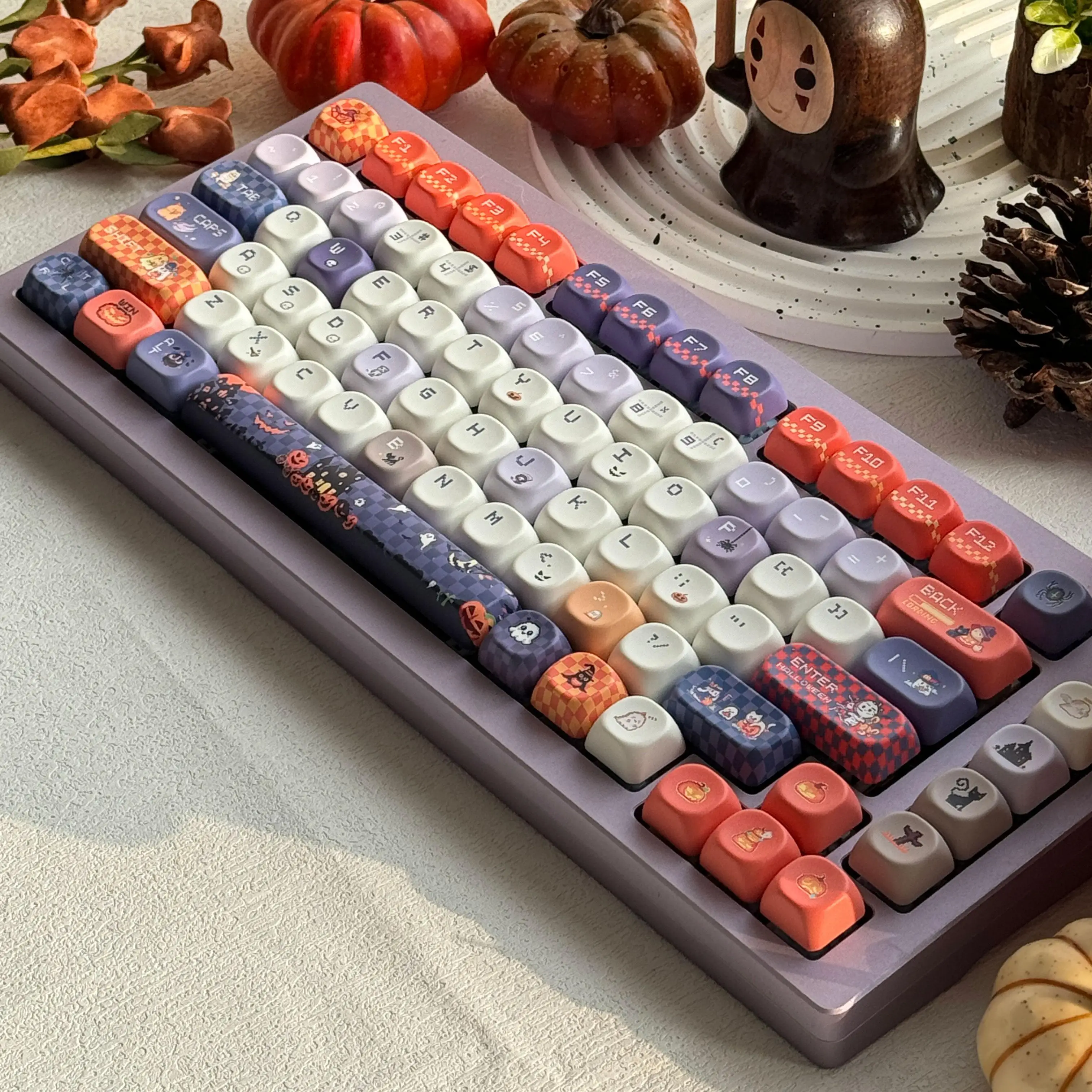 Trick Or Treat Pixel Halloween Keycap Cherry Moa Pbt Full Five-Sided Thermal Sublimation Purple Yellow Pumpkin Keycap Set 130Key