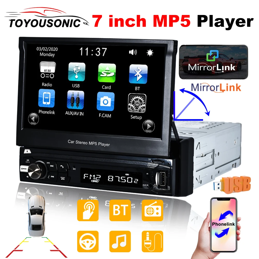 

TOYOUSONIC 7 inch Car Radio 1 Din MP5 HD Touch Screen 7color Auto Multimedia Player BT FM TF PhoneLink Universal Autoradio