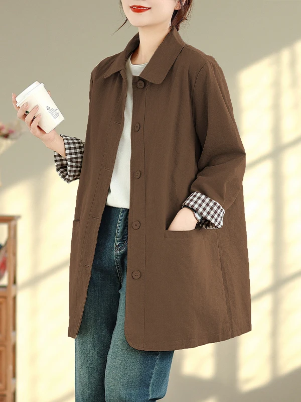 Casual Long Sve Pure Color Windbreaker Double ket Single Button Turn-down Collar Loose Fit Autumn Outerwear for plus Si...