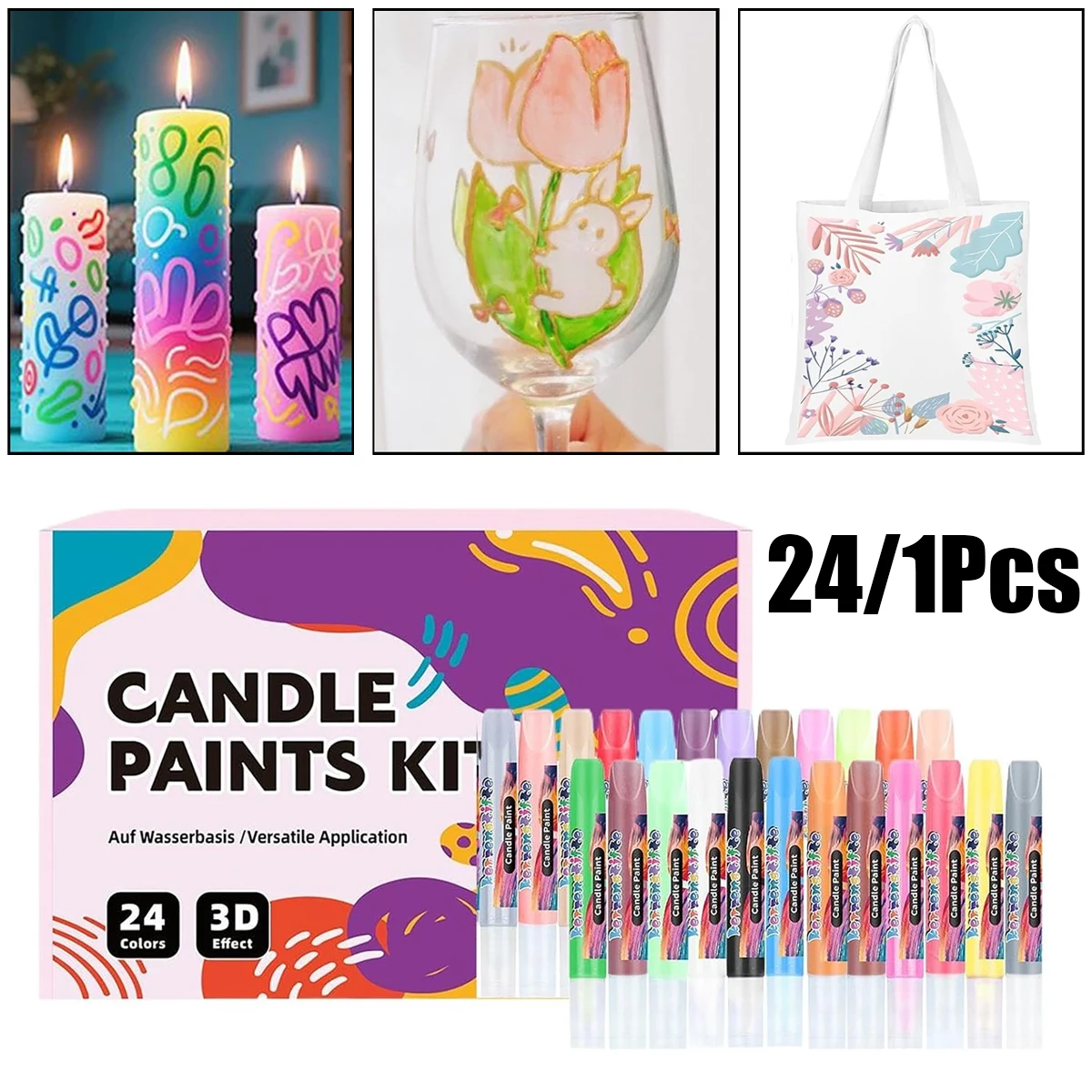24 Colors - 3D Outline Pens - Candle Painting Pens - Hand-Painted DIY 3D Window Art Glue Painting Graffiti Candle Pens - Suitable for Candles, Glass, Fabric