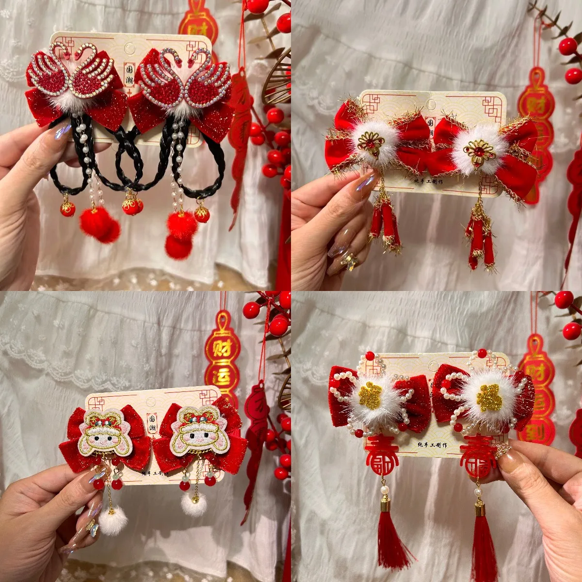 2 قطعة Xingshi مروحة قابلة للطي مشبك شعر الأحمر المتدفق سو حبة الديكور احتفالي اللون الأبيض مخطط مناسبة عطلة الملابس الثقافية #2