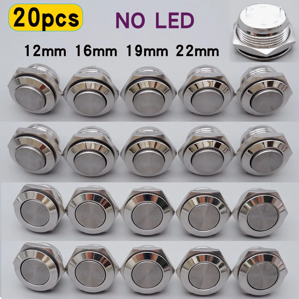 20pcs 12mm 16mm 19mm 22mm Ultra Short Metal Button Switch NO LED 1A Momentary Self Reset Waterproof Silver Shell High Flat Head