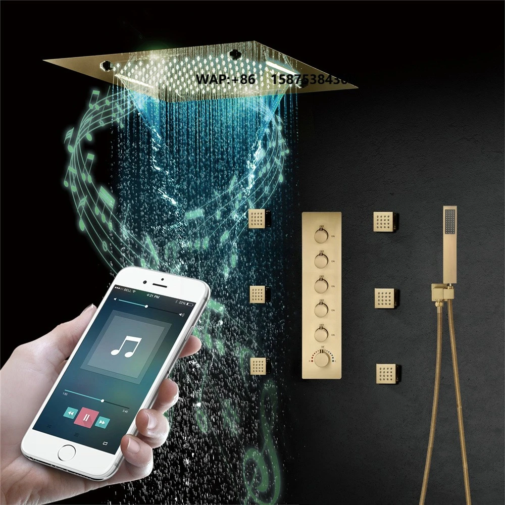 Brushed Gold Shower Set Ceiling 20 Inch Led Shower Head with Music System Thermostatic Control Main Body Bathroom Shower Faucet