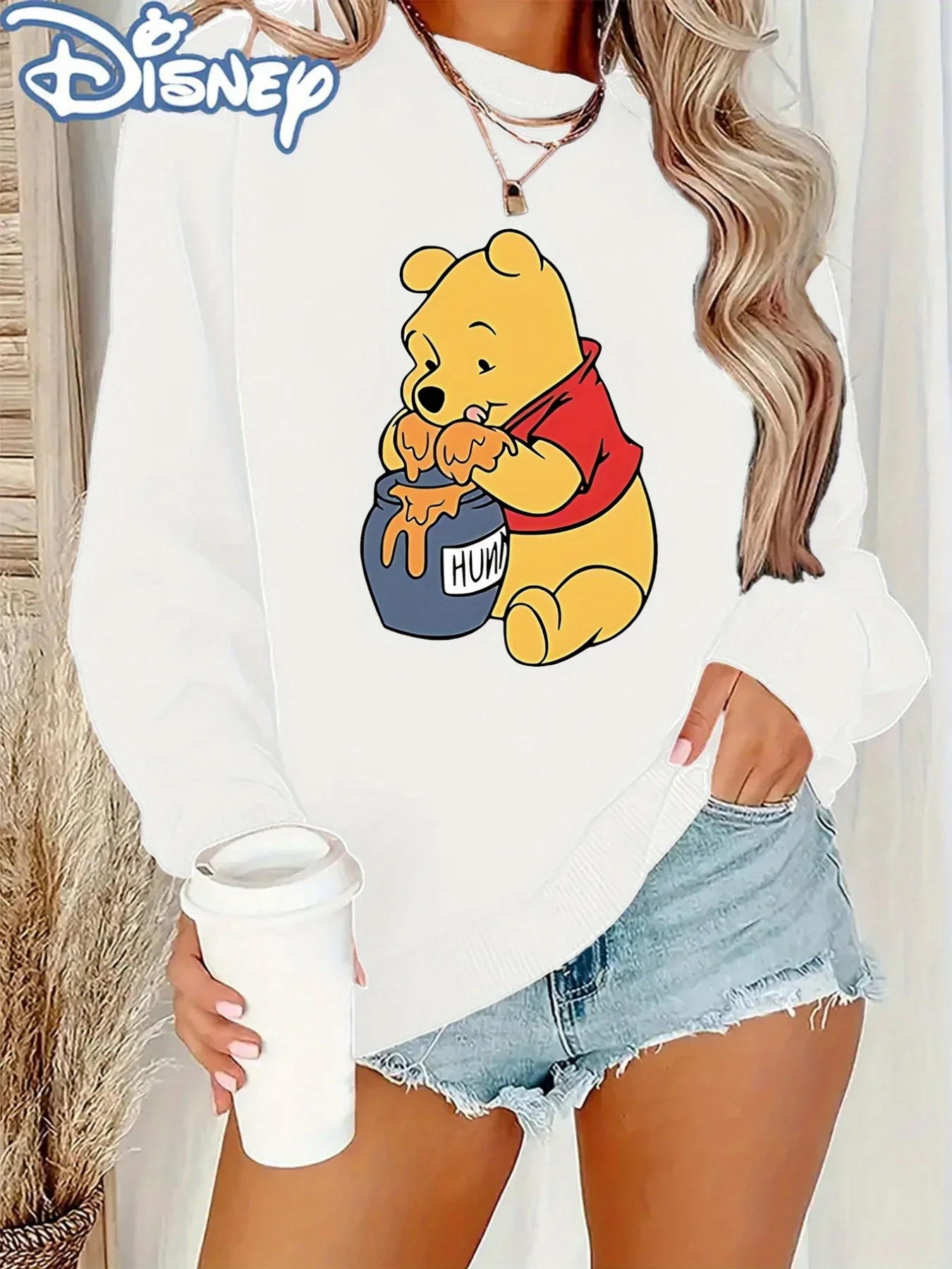 디즈니 위니 더 푸 여성용 라운드 넥 스웨트셔츠 풀오버 유니섹스 플리스 캐주얼 가을 및 겨울 스트리트웨어 오버사이즈