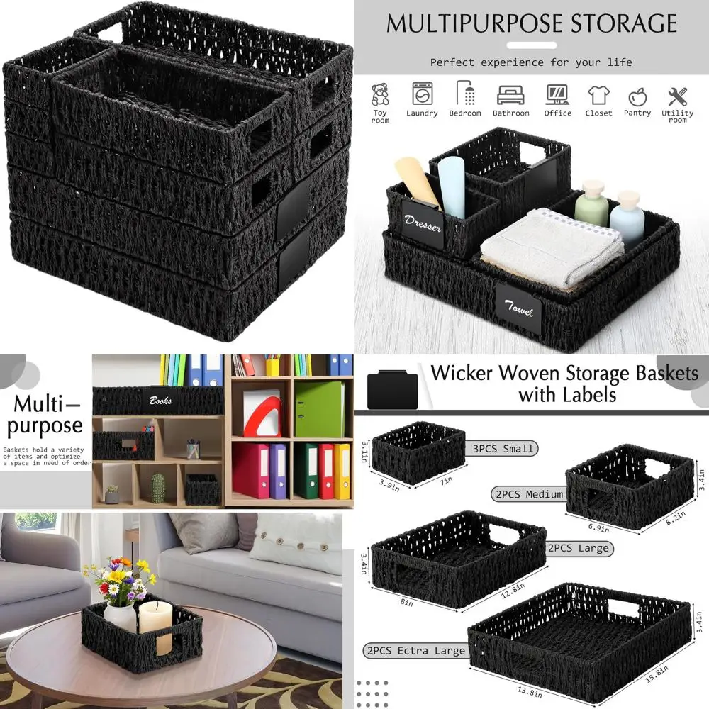 

Многоразмерные корзины из бумажной веревки ручной работы с ручками для организации, идеально подходят для полок, шкафов и кладонов.