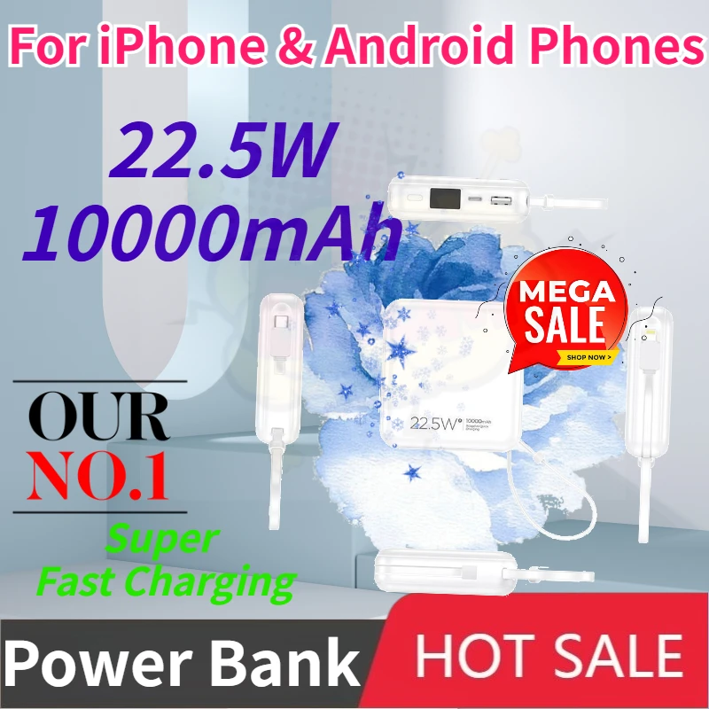 

New 10000mAh 22.5w Super Fast Charging with Built-in Dual Wires Power Bank for IPhone Android Phone Mini Mobile Powerbank