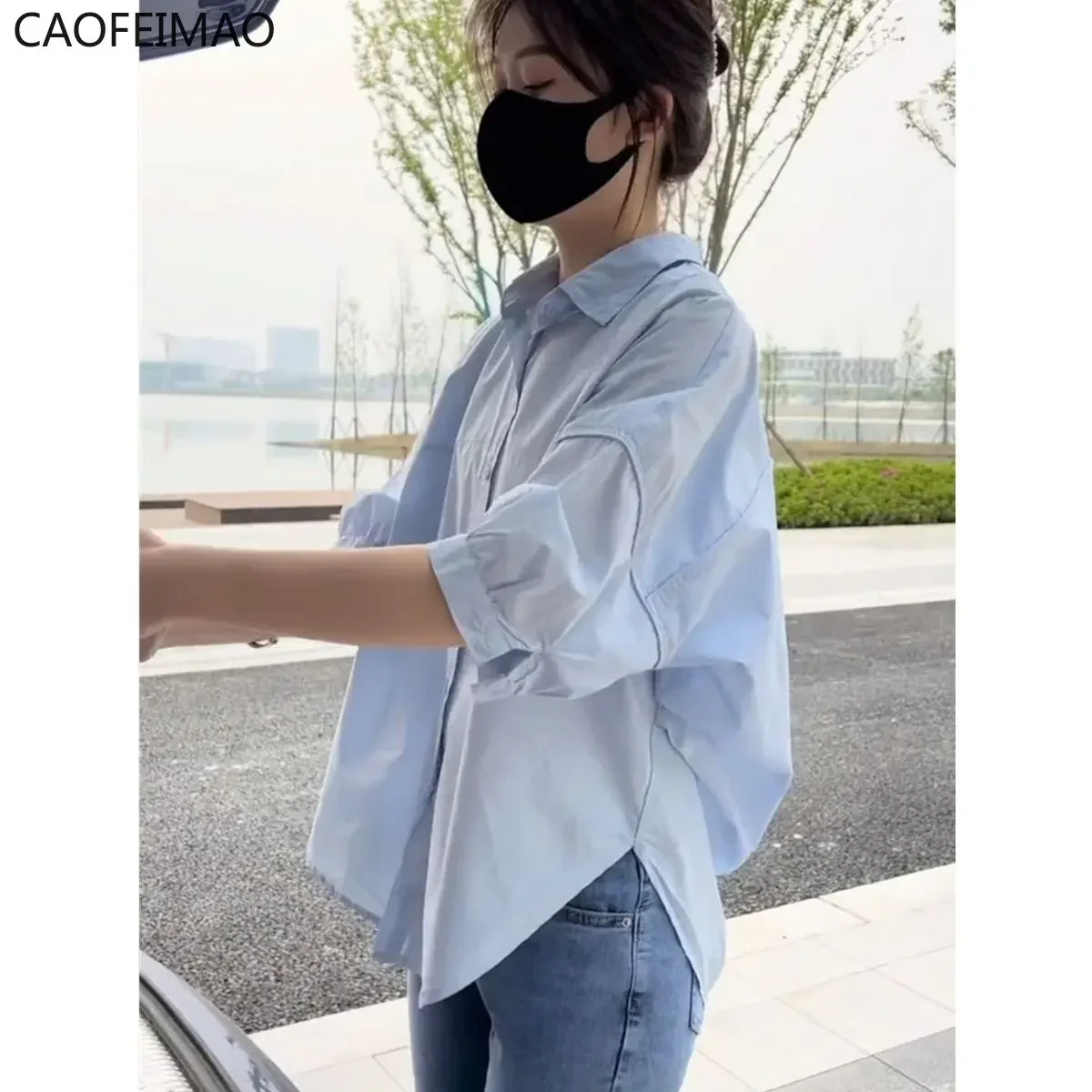 Cotton Mid-sleeve Thin Woman Caofeimao 2025 Summer New Loose Fashion Irregular Shirt Casual Vacation Top Korean Women's Clothes