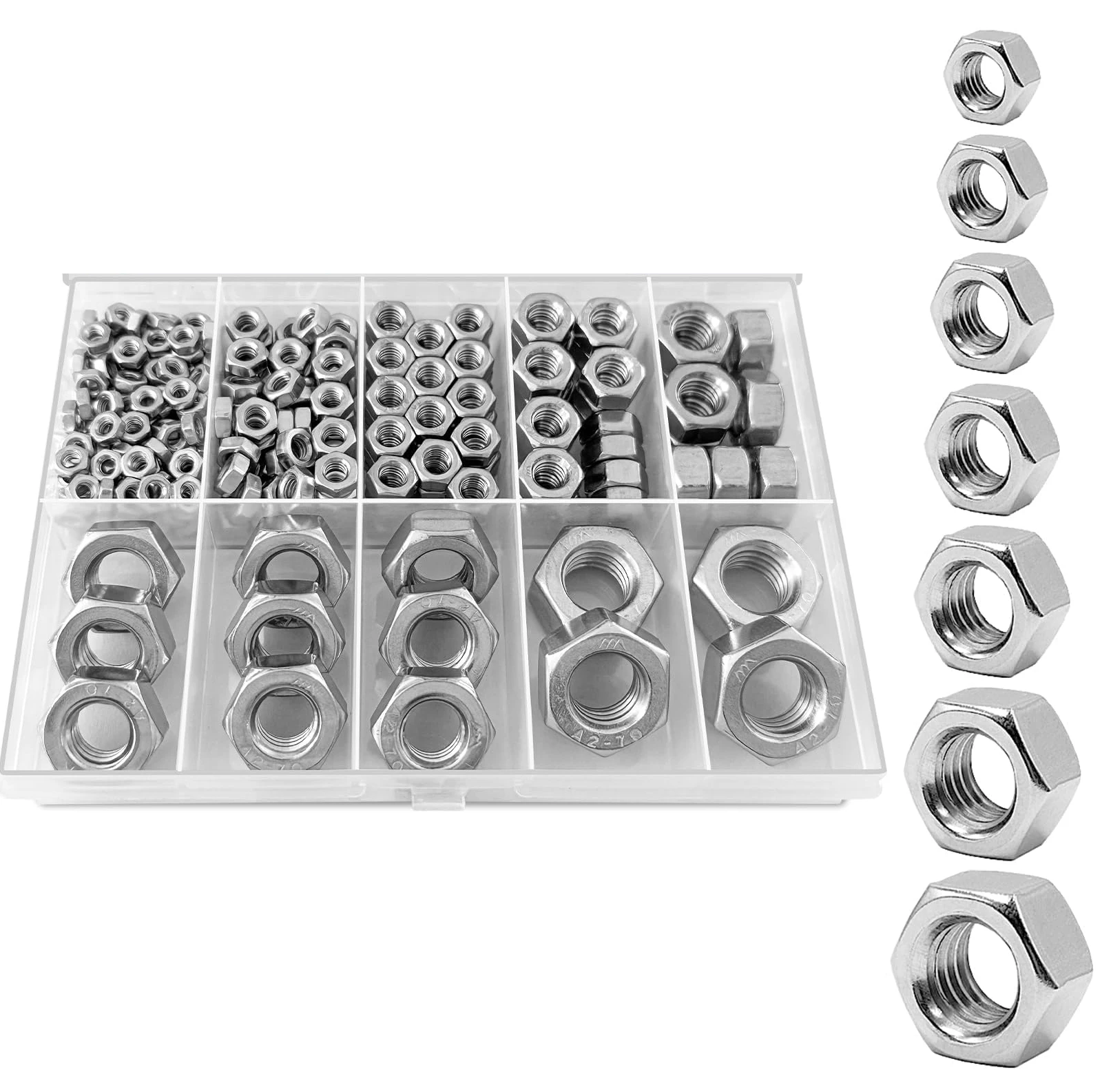 141PCS/Box Assorted Stainless Steel Hex Nuts Assortment Kit M2 M2.5 M3 M4 M5 M6 M8 M10 M12 M14 M16 Metric Hex Nut Set Hardware