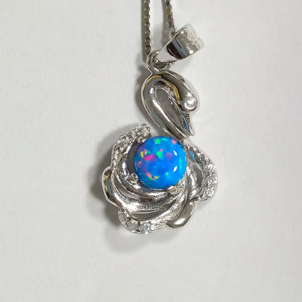 

Swan Pendant White Rhodium Plated 925 Silver Blue Fire Opal Pendant for Women Jewelry