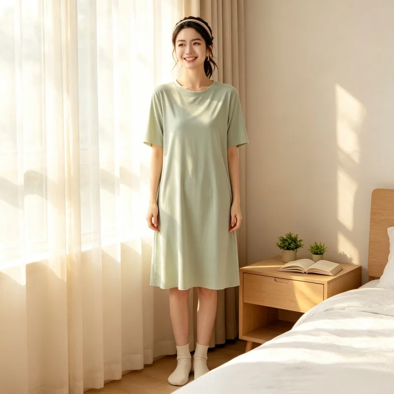 Soft Breathable Smooth Fabric Nightgown Women Round Neck Short Sleeve Loose Midi Solid Color Ladies Home Sleeping Dress