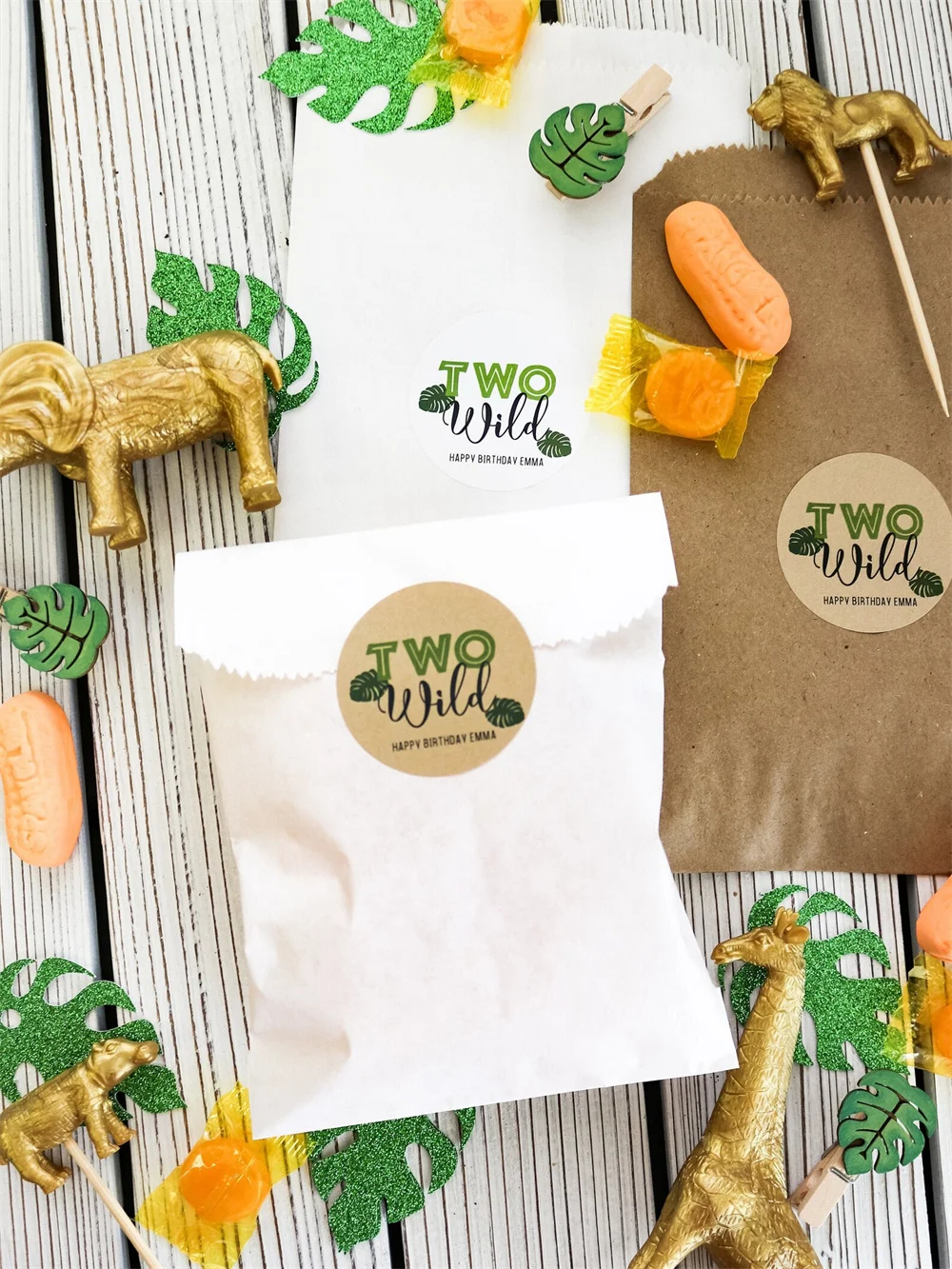 50 Two Wild Second Birthday Stickers and Favor Bags | Jungle Party Favor bags and Stickers customized | Safari Party Favor Bags