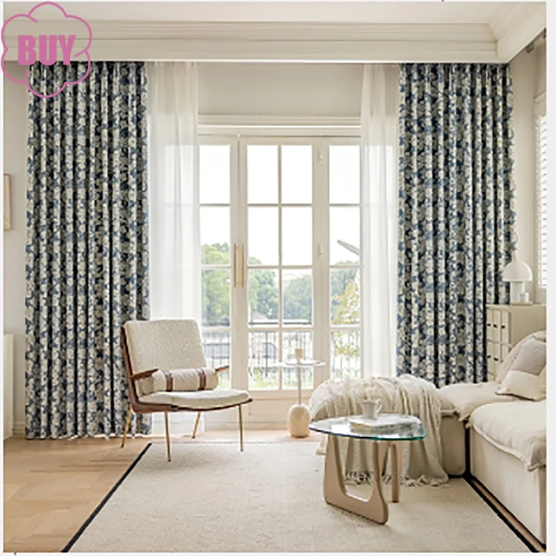 

Curtains for Living Dining Room Bedroom New American Chenille Blackout Double-sided Jacquard Warm Pastoral Fresh