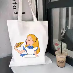 Alice in Wonderland Eating Pizza Women Canvas Shoulder Bags Harajuku Ladies Tote Handbag Large Capacity Shopping Bag Handbags