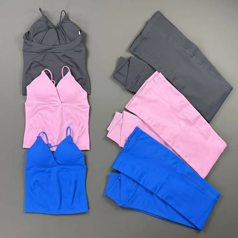2Pcs Vision Sports Set V Neck Crop Top Cross Waist Tummy Control Leggings  Breathable Fitness Running Pilates Training Suit