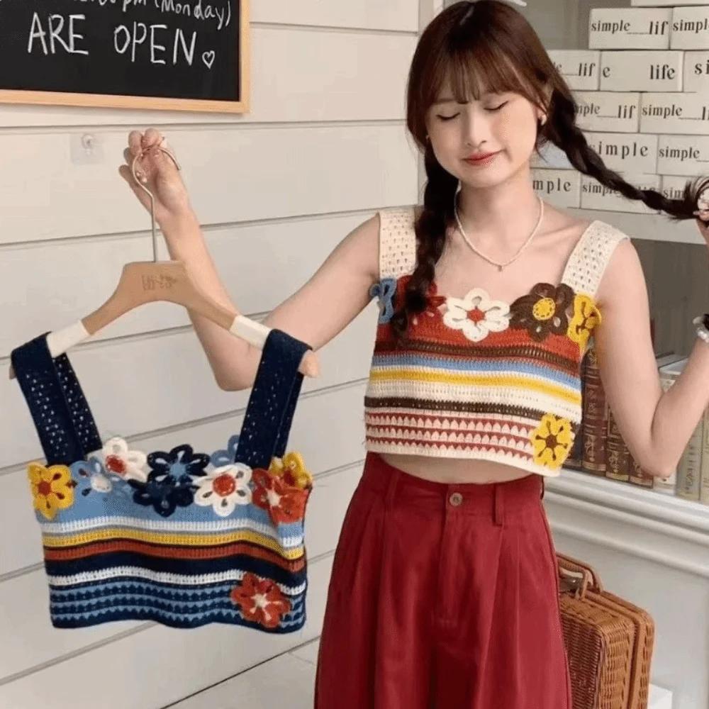

Fashion Retro Embroidery Pattern Crop Top Knitted Crochet Sleeveless Vest Bohemia Tank Top Women