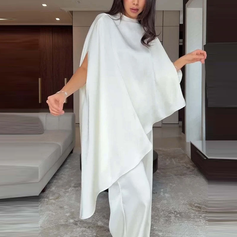 

Lady Solid Satin Outfits Temperament High Waist Simple Commute Outfits Fashion Irregular Loose Tops&Pants Two Piece Sets