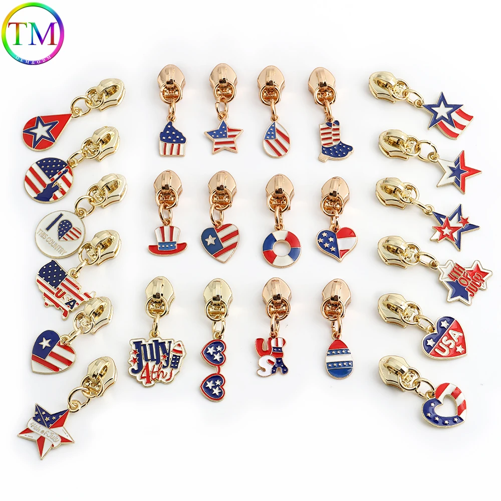 10/50/100PCS Light gold USA Independence Day Flag 5# Zipper Head Puller Slider For Nylon Bags Garment Souvenir Gift Accessories