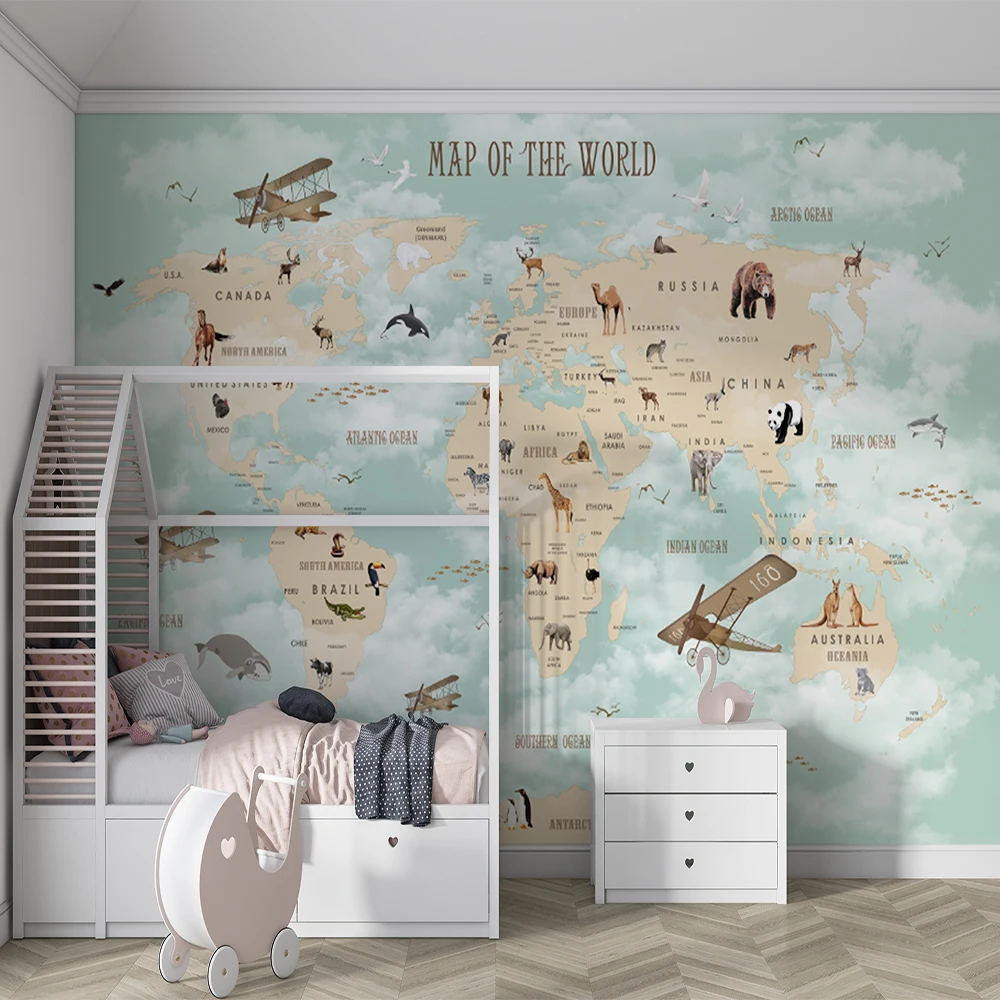 Customize 3D hand drawn cartoon world map, background wall, mural wallpaper