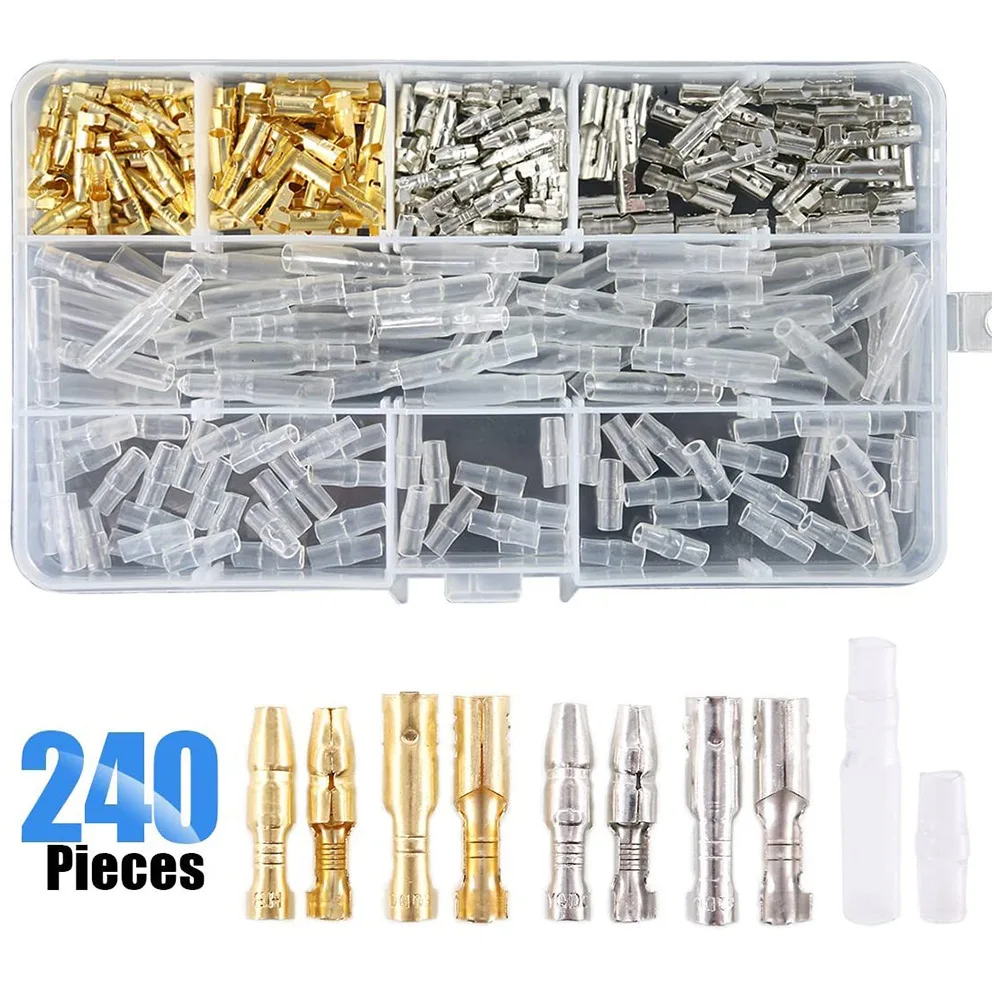 240PCS Boxed 3.9mm Bullet Connector Kit, Male & Female Quick‑Disconnect Crimp Wire Terminals with Insulating Sleeves