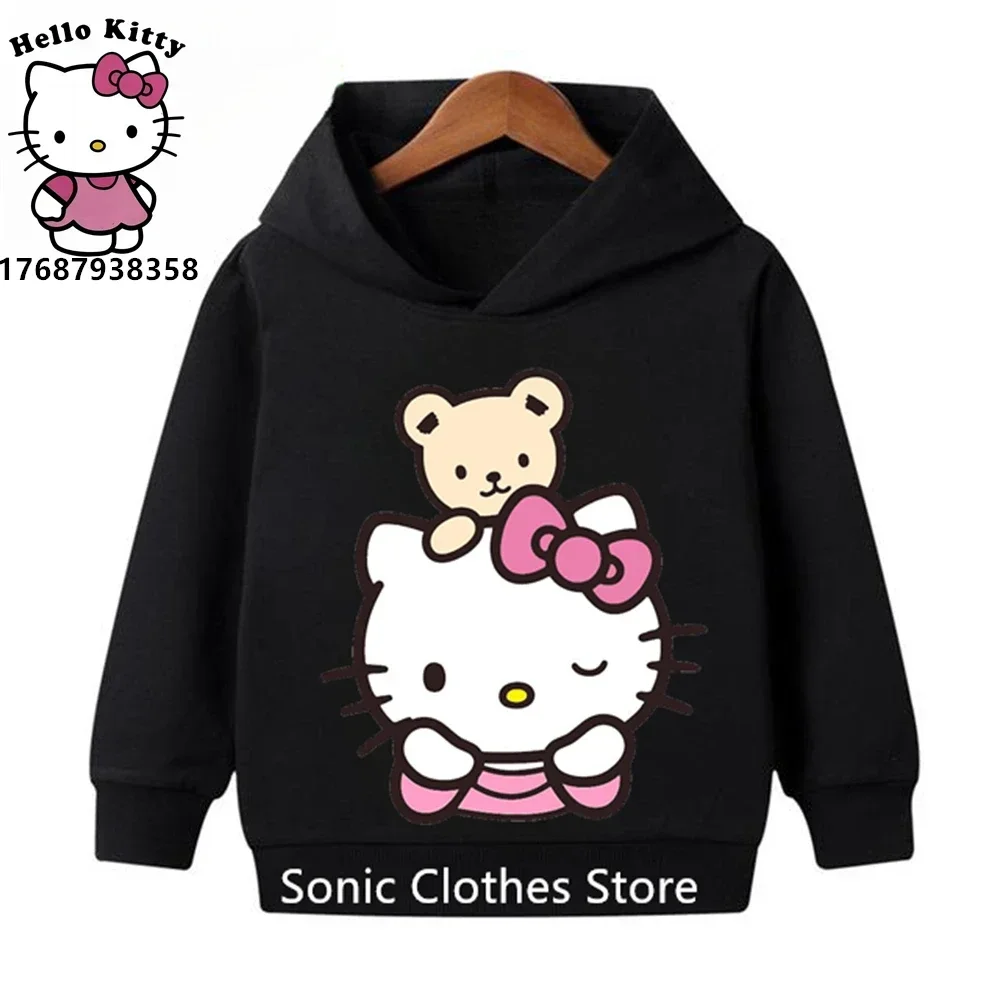 New Fashion Hello Kitty Hoodie Girls Fashion Sweatshirt Printed Pullover Pocket Cartoon Casual Long Sleeve Hooded Top