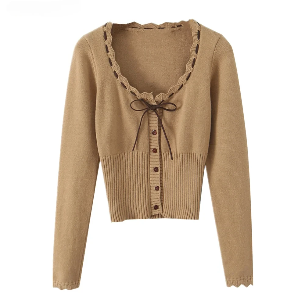 

Осень 2025 г., вязаный кардиган с бантом и круглым вырезом на пуговицах, милый женский короткий свитер в рубчик с длинными рукавами, трикотаж