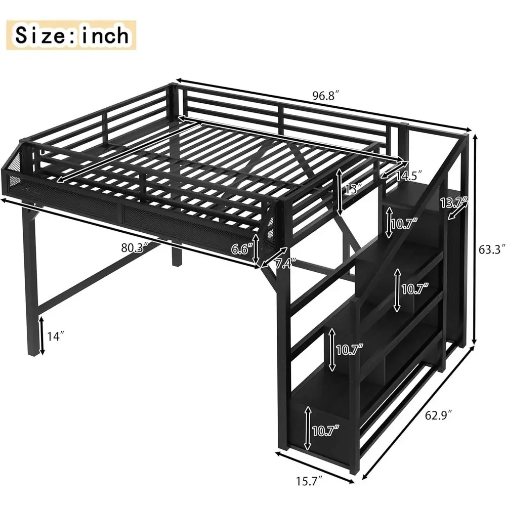 Cama de Metal Queen Size com LED, Portas USB, Escadas de Armazenamento, Guarda-Roupa Aberto, Adequada para Crianças e Adultos, Sem Box Spring, Preta