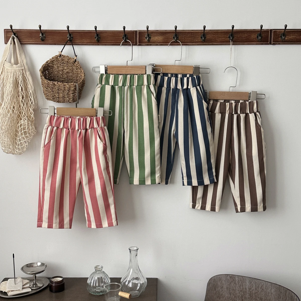 Spring Baby Retro Striped Loose Trousers Elastic Gathered Waist Side Pockets Soft Comfortable Kids Casual Pants