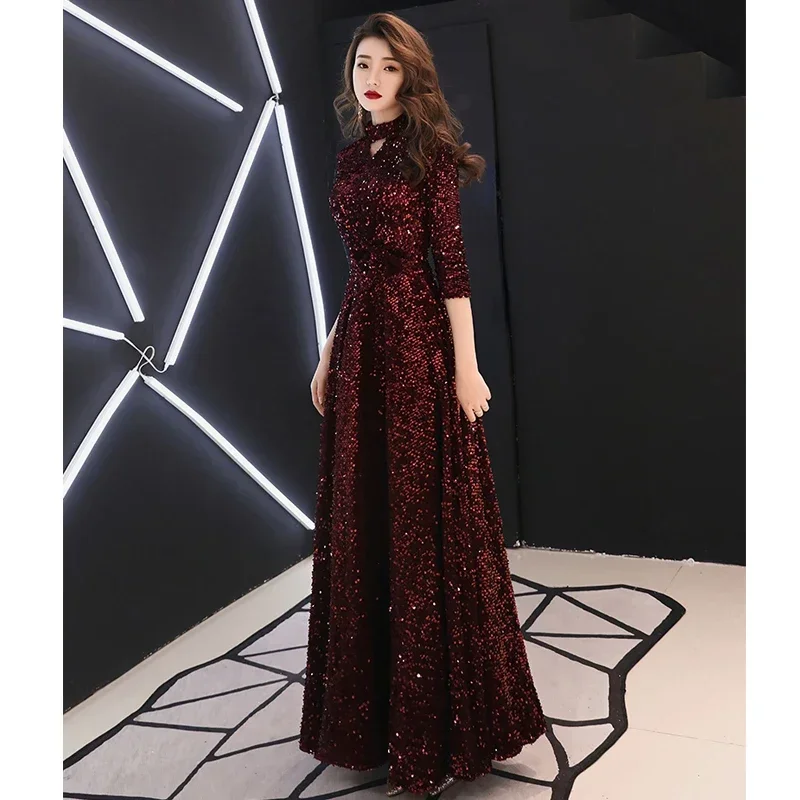 It\'s YiiYa Evening Dress Dark Wine Red Sequins Plus Size Three Quarter Sleeve Women Party Formal Gown vestidos de fiesta LF081