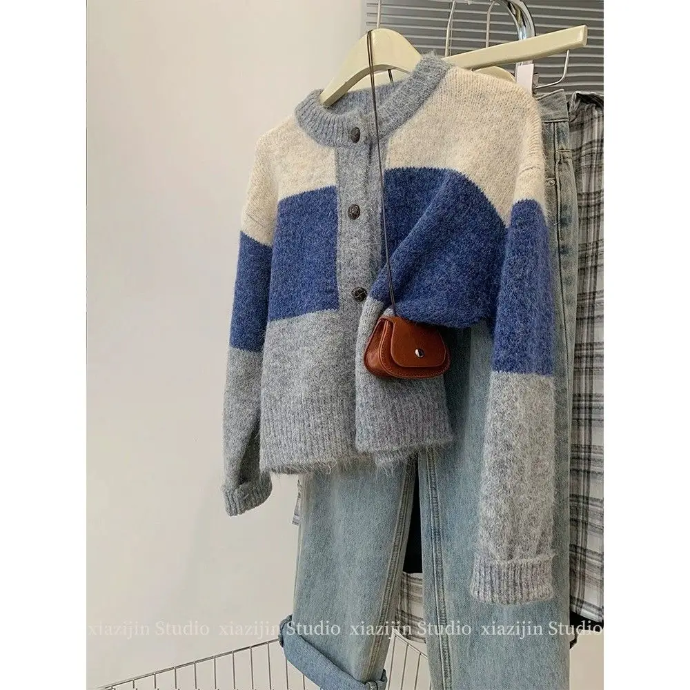 

Design color-blocked sweater cardigan for women autumn and winter 2024 new Korean niche retro high-end knitted jacket y2k tops