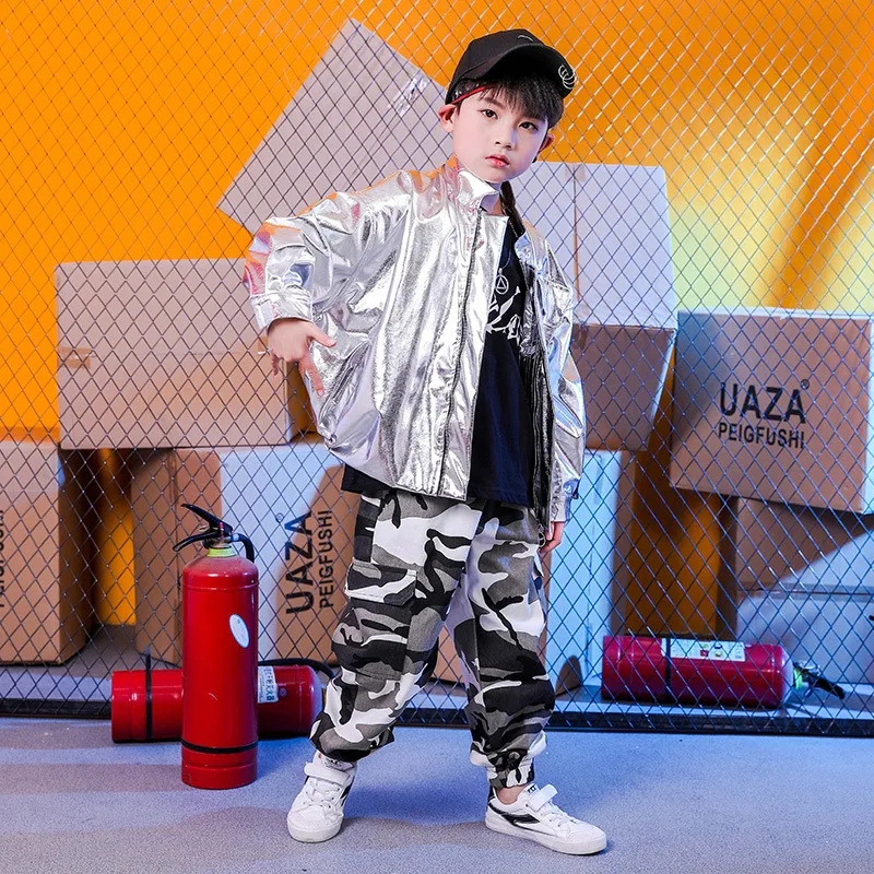 New Boys Hip Hop Costume Silver Coat Camouflage Pants Girls Jazz Performance Clothes Street Dance Outfits Stage Wear BL11472