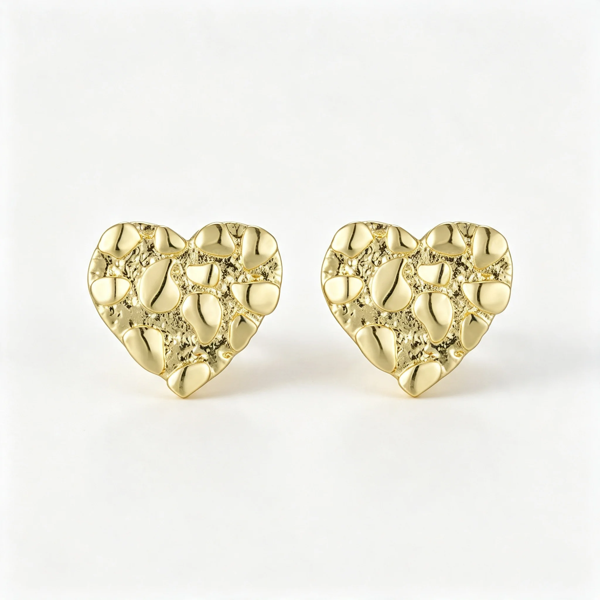 2 Pairs Set Heart Shape Nugget Earrings 14K Gold Plated Textured Rough Design Fashion Jewelry for Women