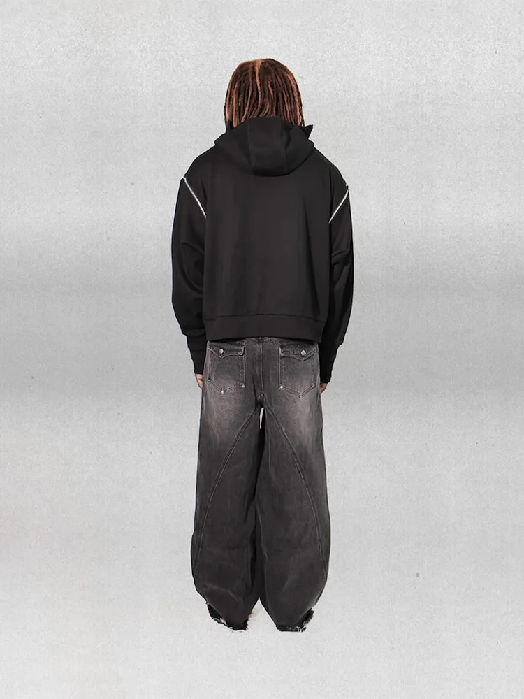 Black Zipper Hoodie, High Neck, Reflective Details, Loose fit, Street Style, Urban Sports and Leisure Hoodie