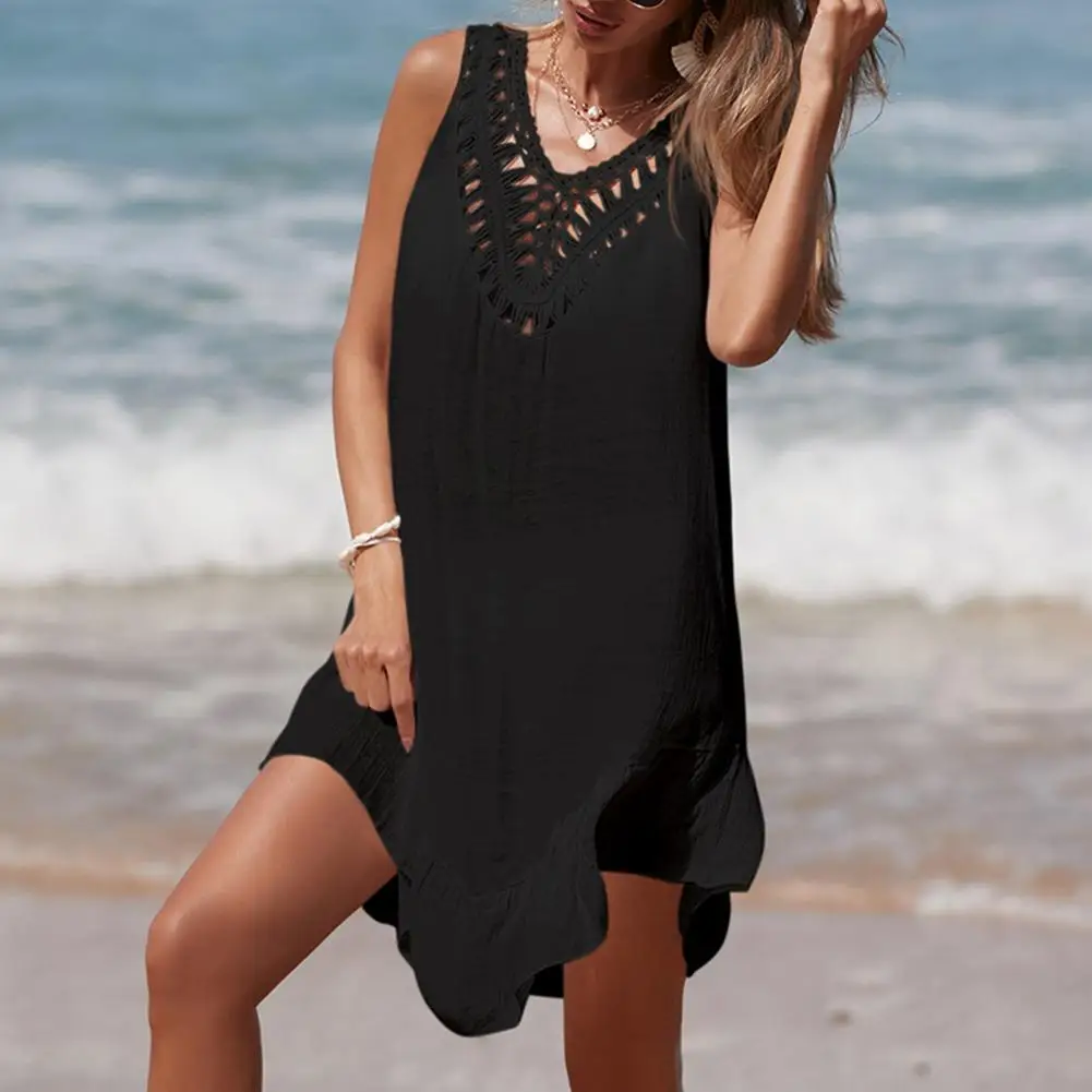 Backless Dress Stylish Lace up Crochet Beach Dress for Women V Neck Hollow Out Swimsuit Coverup with Sun for Ladies