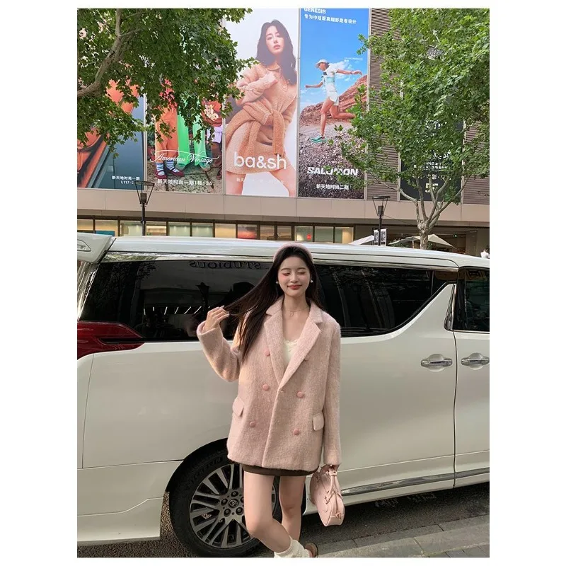 Korean Version of Pink Blazer Women's Autumn and Winter New Small Cotton Thickened Warm High-end Suit Top
