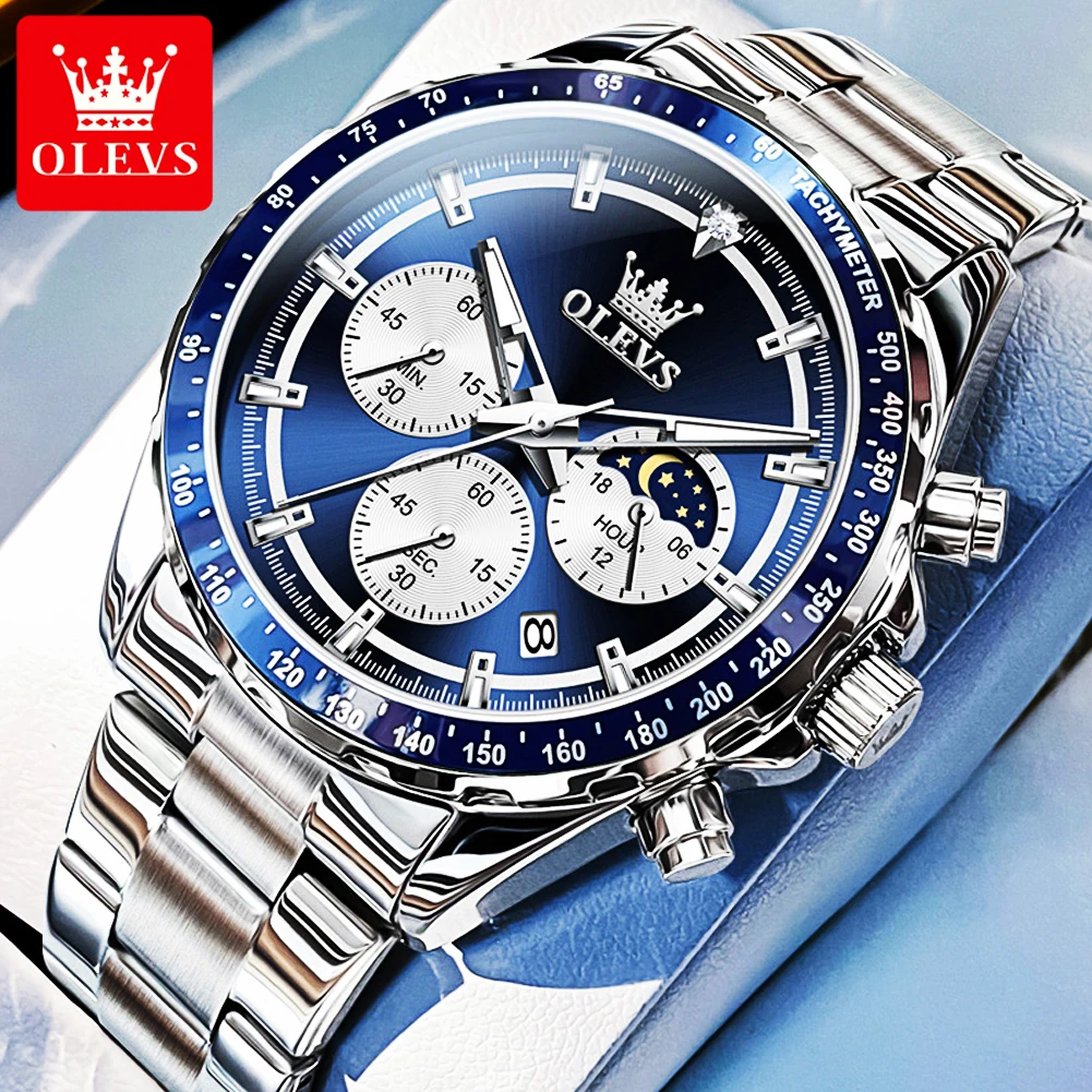 

OLEVS Men's Watches Fashion Dress Original Quartz Watch for Man Waterproof Stainless Steel Luminous Date Moon Phase Chronograph