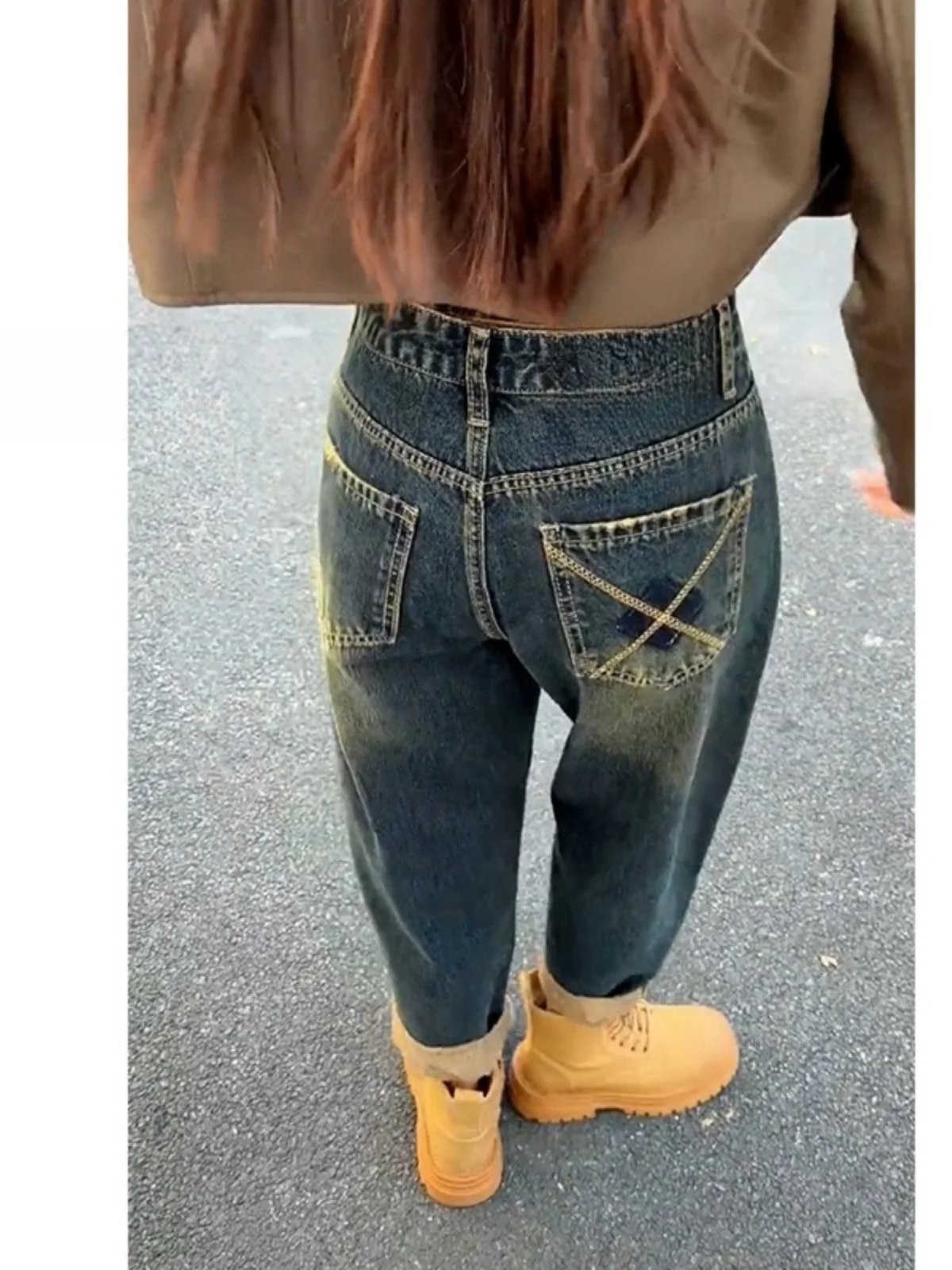 جينز هارلان عالي الخصر للنساء مقاس كبير جينز شتوي مضاد للتجاعيد سروال هارلان تسع نقاط