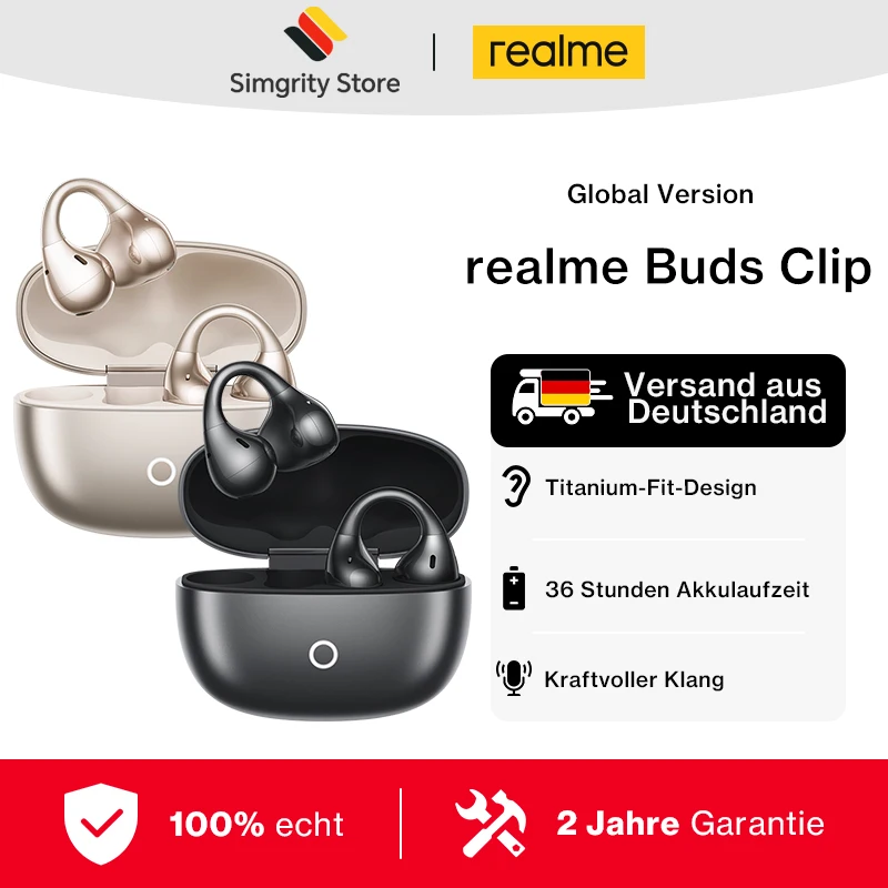 Version mondiale Écouteurs realme Buds Clip Conception Titanium-Fit 5,3 g Légers comme du papier Algorithme NextBass Traducteur Al Son puissant