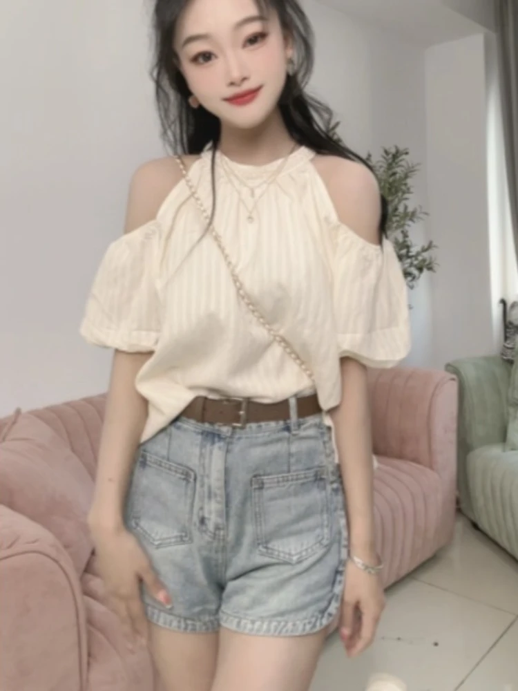 

Блузки с открытыми плечами, женские летние однотонные свободные топы с короткими рукавами и складками в корейском стиле, милая возрастная женская одежда BF