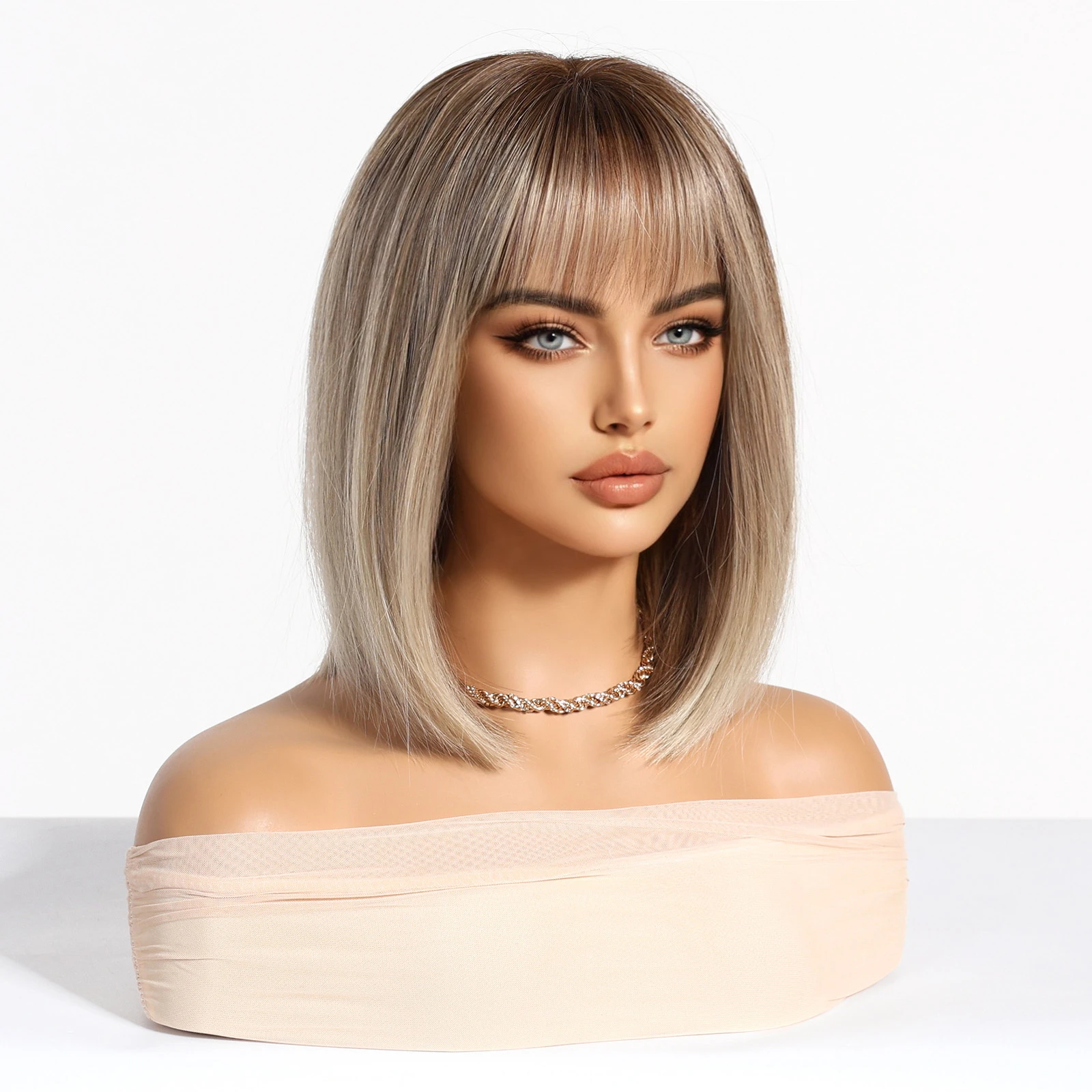 شقراء يونيكورن قصيرة بوب الباروكات الاصطناعية أومبير الجذر الداكن إلى شقراء مع شعر طبيعي ملون المرأة شعر مستعار ألياف مقاومة للحرارة