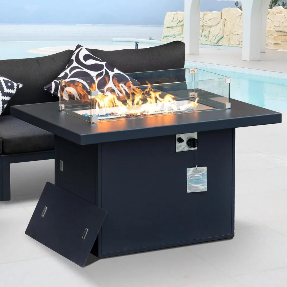 

43'' Outdoor Aluminum Fire Pit Table, 60,000 BTU Propane/Natural Gas, Large Rectangular CSA-Certified Firepit with Wind Guard &