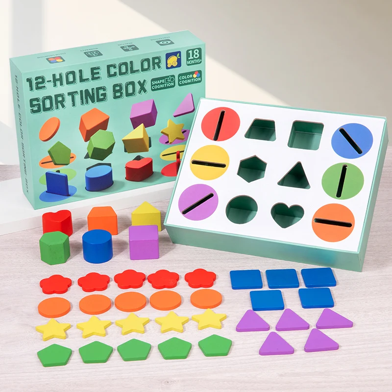 Boîte de tri à 12 fentes : pratique de correspondance de formes, de codage de couleur et de fente vide - Super amusante pour les enfants pour construire des compétences cognitives et Orga