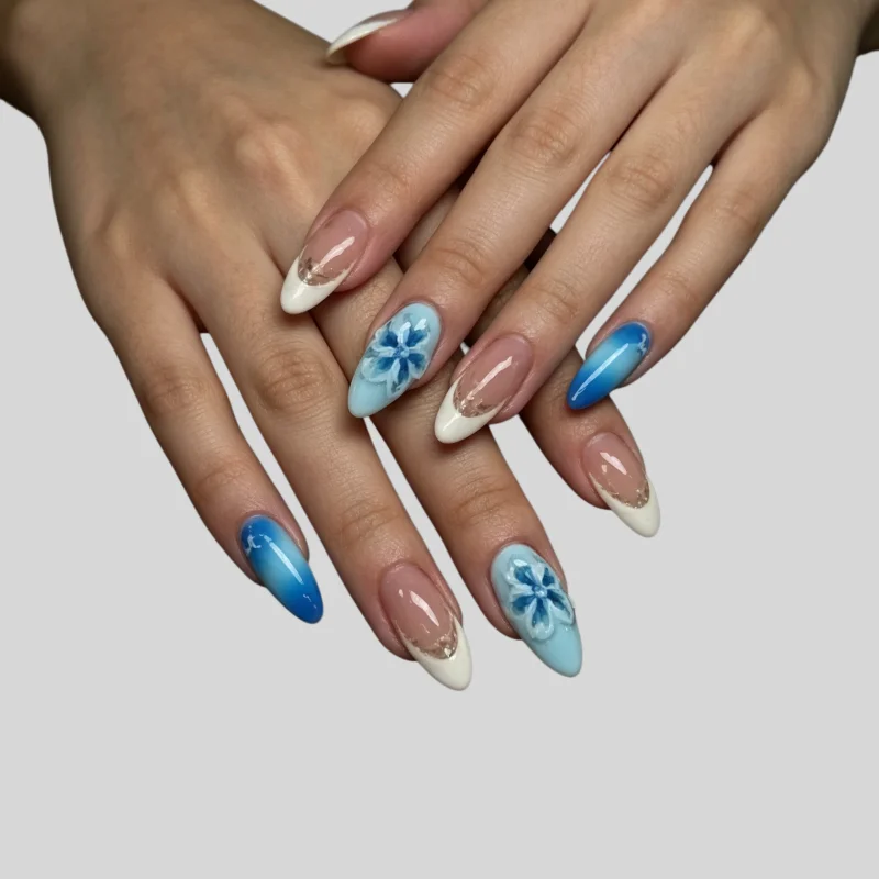 30Pcs False Nails 3D Wavy Floral Design with Ocean Pearls—High-Quality Press-On Nails Perfect As A Gift for Girls and Friends