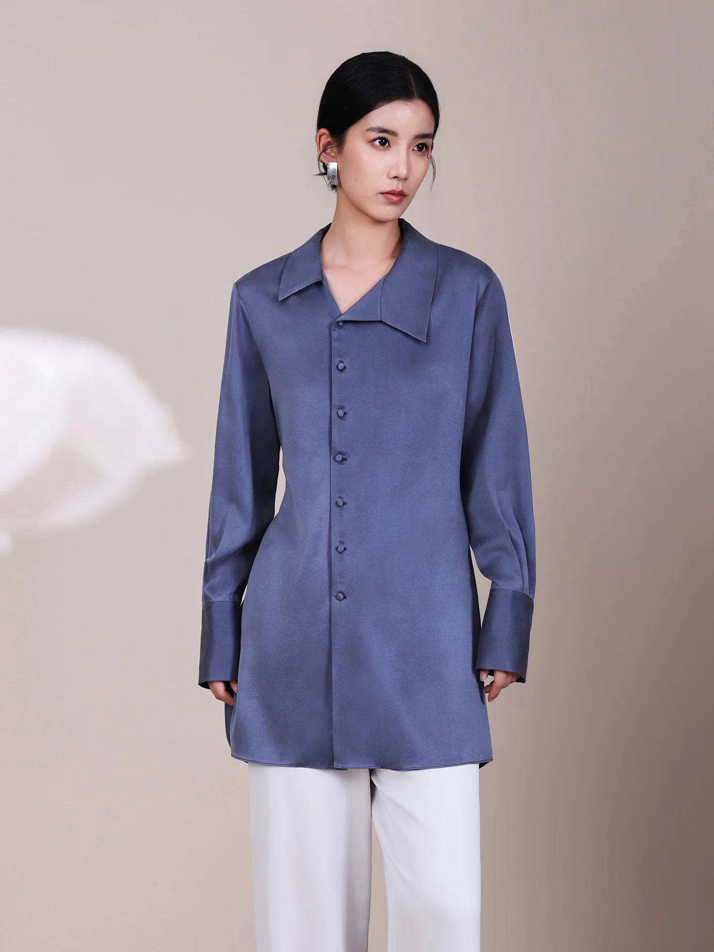 100% Mulberry Silk Shirt Women Lapel Long Sleeve Asymmetric Placket Waist Slim Blouse Luxury Elegant Office Commute Silk Top