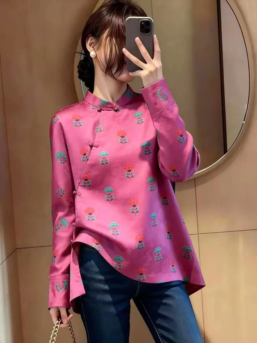 

Loose Fit Floral Print Stand Collar Red Sweater Spring 2026 Comfortable Breathable No Ironing Required Chinese Style Women's ...